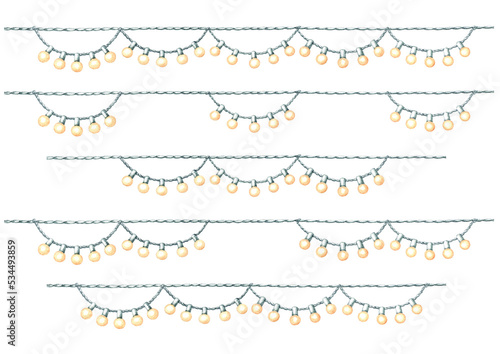 An isolated watercolor illustration of various groups of different yellow light bulb garlands hanging on ropes with an aquarelle paper texture for design of text, labels, greeting and invitation cards