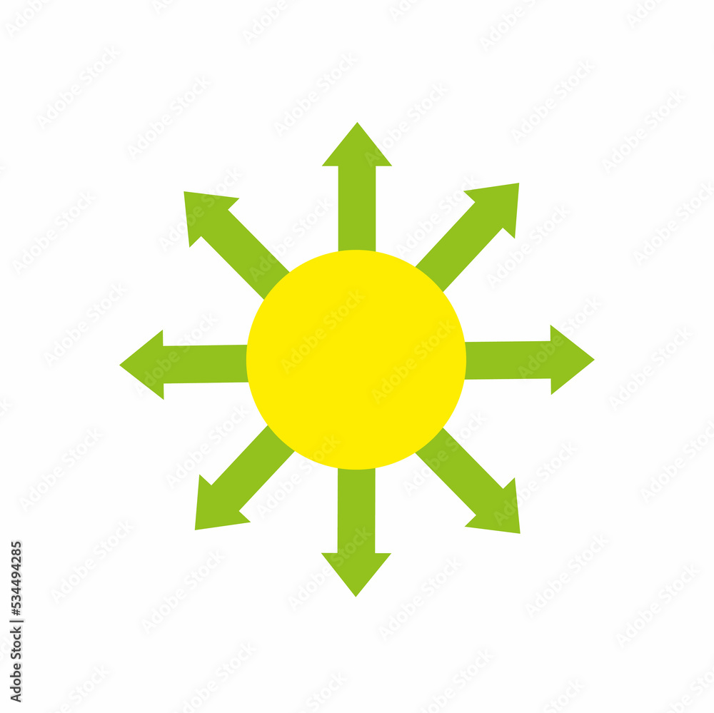 Yellow circle is a circle with lots of green arrows in different directions. Personal development, opportunities, growth, the concept of freedom of choice of opportunities. Flat design style Yellow circle is a circle with lots of green arrows in different directions. Personal development, opportunities, growth, the concept of freedom of choice of opportunities. Flat design style