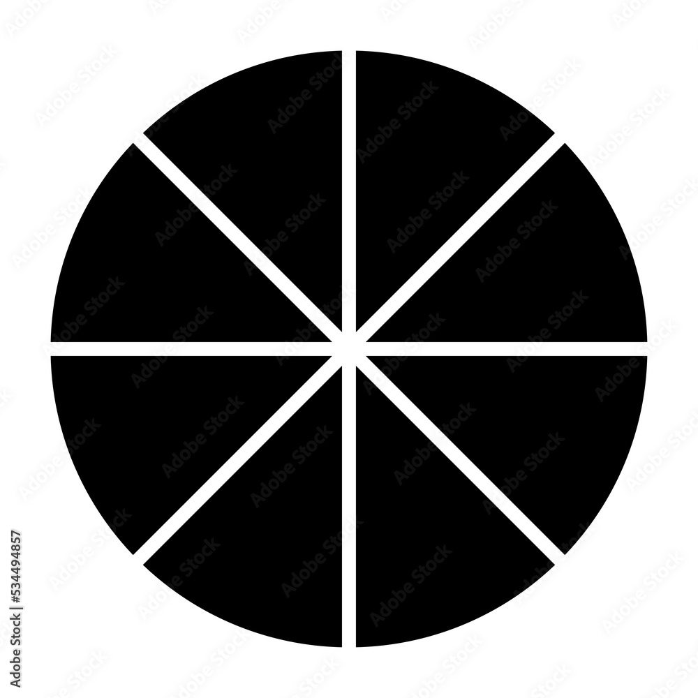 Pie chart, diagram. Black filled circle, no stroke, divided in eighths, in eights, 8, parts. Isolated png illustration, transparent background for overlay, montage, presentation. Business concept. Pie chart, diagram. Black filled circle, no stroke, divided in eighths, in eights, 8, parts. Isolated png illustration, transparent background for overlay, montage, presentation. Business concept.