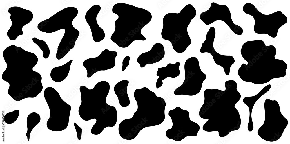 Black and white cow spots.Cow print elements set. Animal design print elements. Black and white cow spots.Cow print elements set. Animal design print elements.