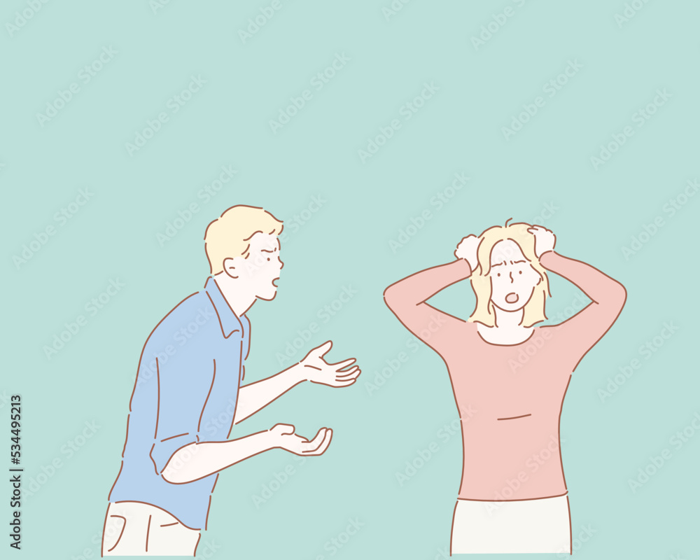Unhappy couple arguing, upset woman tired of constant conflicts, addicted partner, bad relationships, frustrated girl ignoring boyfriend in anger. Hand drawn style vector design illustrations.