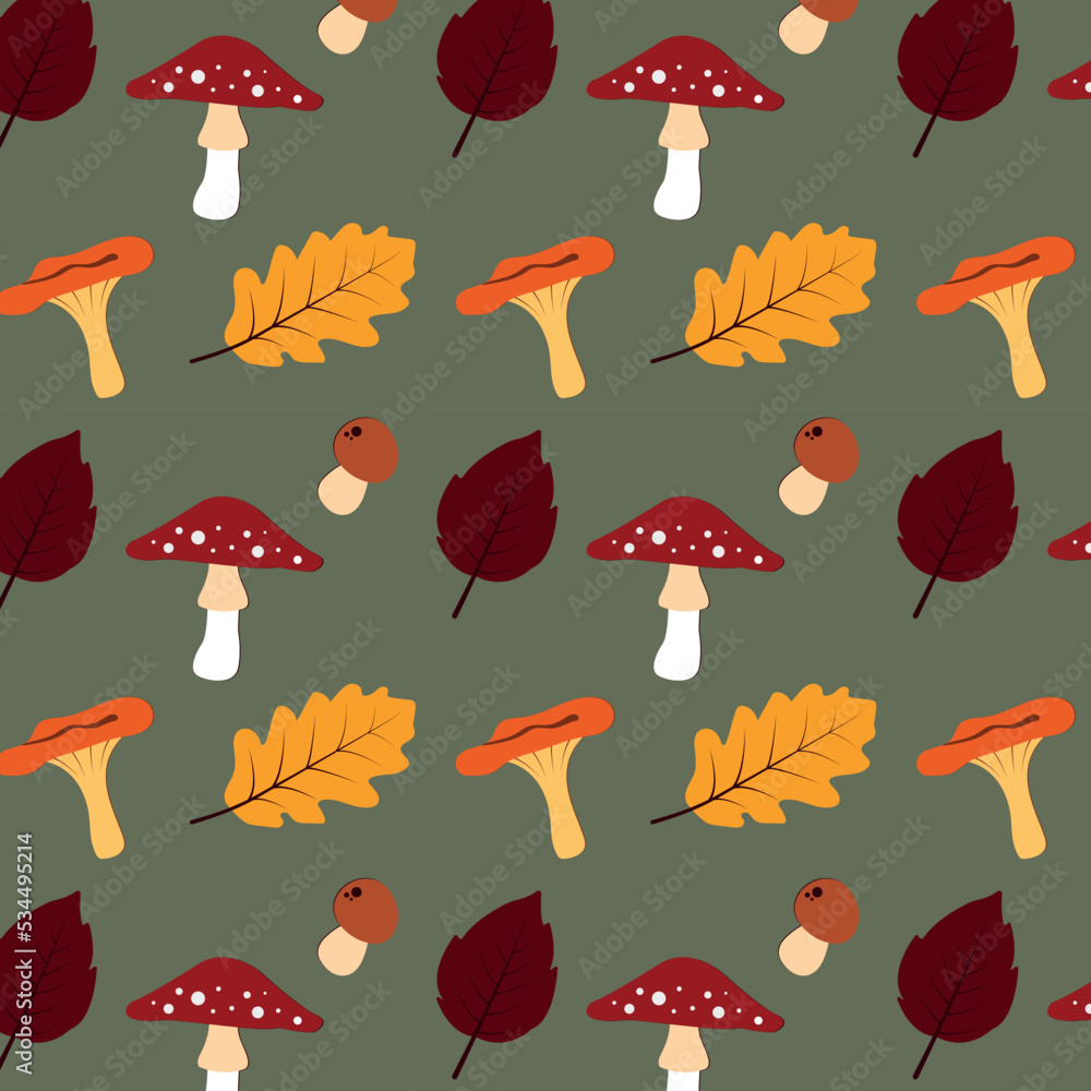 Patern on a green mint background with autumn leaves and forest mushrooms. It will be beautiful for textiles, printing and digital objects Patern on a green mint background with autumn leaves and forest mushrooms. It will be beautiful for textiles, printing and digital objects