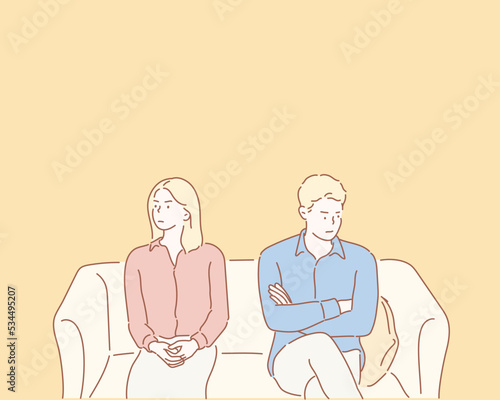 Couple avoid looking at each other after serious fight, man and woman not talking sit separately having disagreement. Hand drawn style vector design illustrations.