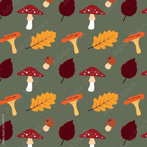 Patern on a green mint background with autumn leaves and forest mushrooms. It will be beautiful for textiles, printing and digital objects