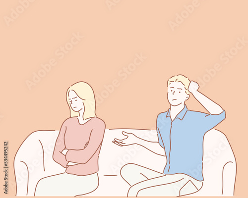 Upset Young Couple Sitting On Sofa At Home. Hand drawn style vector design illustrations.