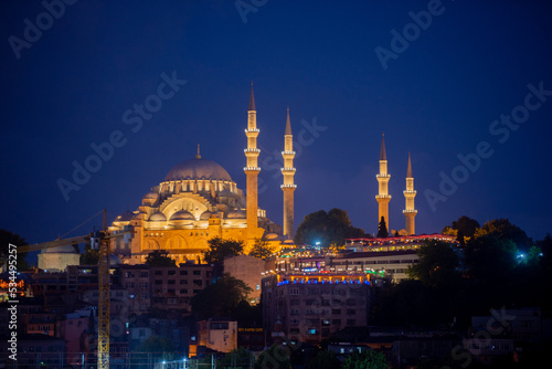 Istanbul Suleymaniye Mosque evening view. historical Suleymaniye Mosque. A work of architect Sinan. Selective focus.

