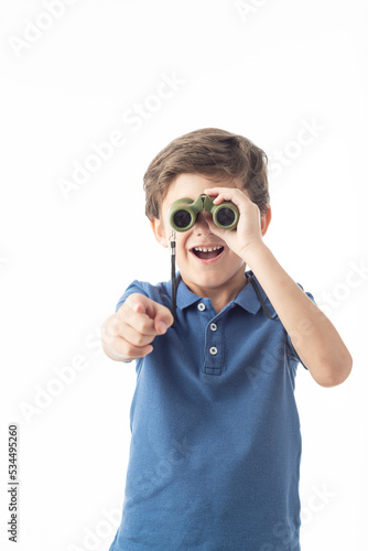 Child with binoculars on white background.