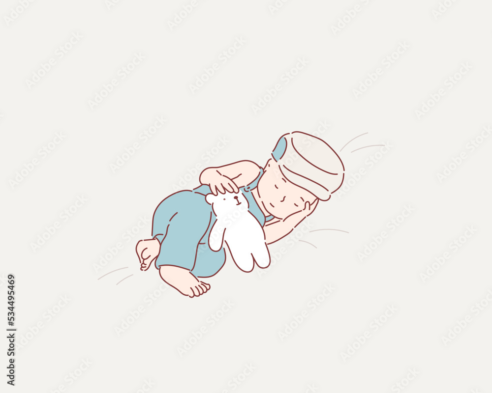 Sleeping baby in bed, holding a teddy bear. Hand drawn style vector design illustrations. Sleeping baby in bed, holding a teddy bear. Hand drawn style vector design illustrations.