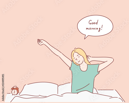 Woman stretching in bed after waking up, entering a day happy and relaxed after good night sleep. Sweet dreams, good morning. Hand drawn style vector design illustrations.