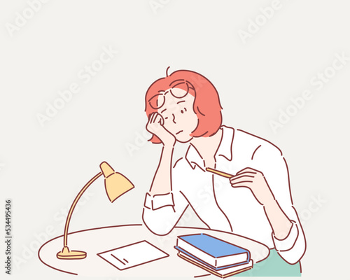 Bored girl studying. Hand drawn style vector design illustrations.