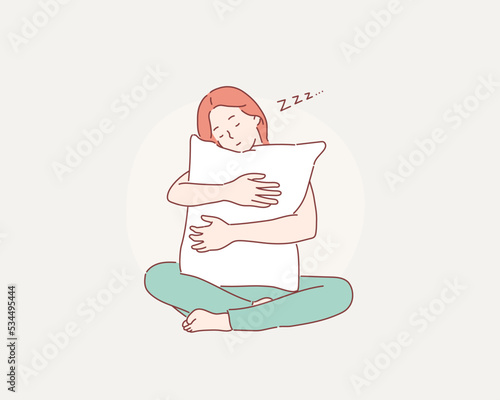 Girl embracing pillow. Hand drawn style vector design illustrations.