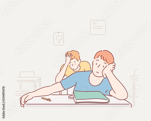 Tired school boy with hand on face sitting at desk in classroom. Bored schoolchild sitting at desk with classmates in classroom. Hand drawn style vector design illustrations.