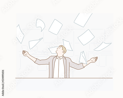 Flying paper and businessman in office. Hand drawn style vector design illustrations.