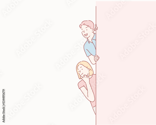 small children peaking from the side of white banner poster. Hand drawn style vector design illustrations.