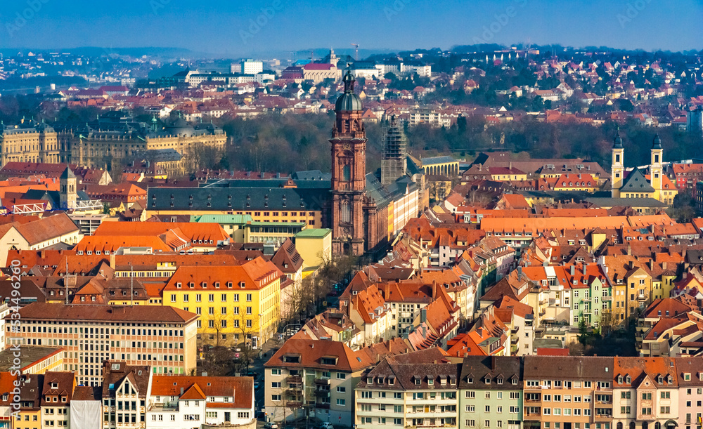 Nice panoramic view of Würzburg, Germany. The front tower of the former university church Neubaukirche is the highest church tower in the city. Visible from afar, it characterizes the city silhouette.