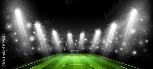 Realistic football arena with spotlights. Stadium with filled stands with sports soccer fans and bright flashes of light. Vector