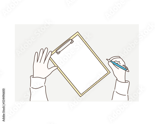 Man is going to write something on his paper. Hand drawn style vector design illustrations.