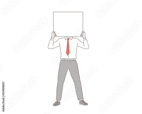 Businessman standing and holding in front of his head a white paper with copy space. Hand drawn style vector design illustrations.
