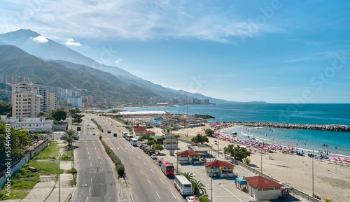 Aerial Panoramic view of Caraballeda de la Costa coastline caribbean beach, Vargas State. Venezuela. photo