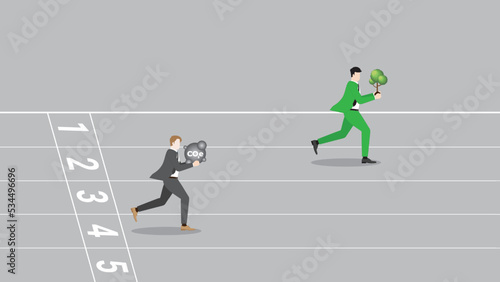 ESG and green business policy concept of net zero emission, carbon footprint, carbon dioxide equivalent, global greenhouse gas, save the world. Advantage leader of green businessman run on racetrack.