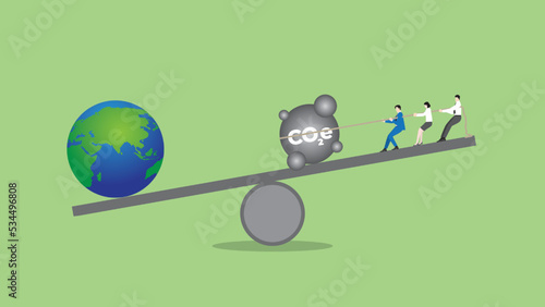 ESG and green business policy concept of net zero emission, carbon footprint, carbon dioxide equivalent, global greenhouse gas, save the world. Balance of earth and pollution on seesaw beam.