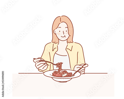 Woman happy to eat Spaghetti. Hand drawn style vector design illustrations.