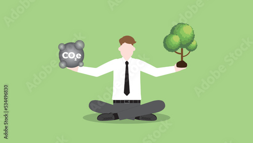 ESG and green business policy concept of net zero emission, carbon footprint, carbon dioxide equivalent, global greenhouse gas, save the world. Businessman balance pollution and tree in hand.