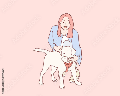 Young woman hugging and playing with a pet on their hands. Hand drawn style vector design illustrations.