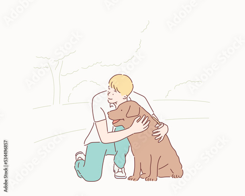 Man and dog walk in the park.Hand drawn style vector design illustrations.