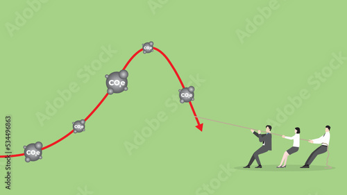 ESG and green business policy concept of net zero emission, carbon footprint, carbon dioxide equivalent, global greenhouse gas, save the world. Business team pulls a rope to change a graph direction.
