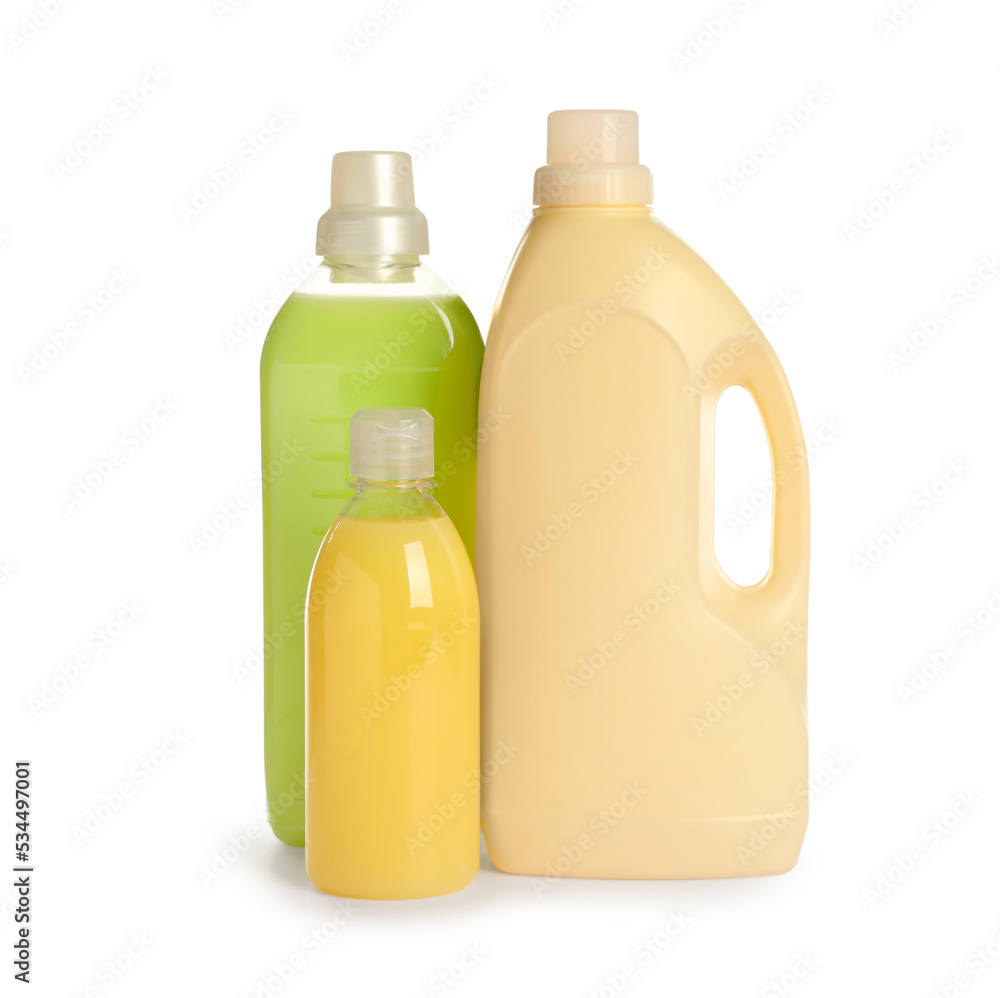 Different bottles with detergents on white background Different bottles with detergents on white background