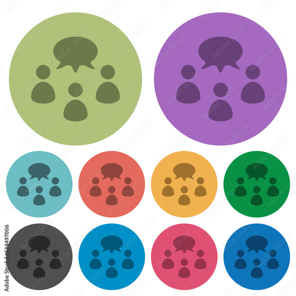 Three talking persons with oval bubble solid color darker flat icons