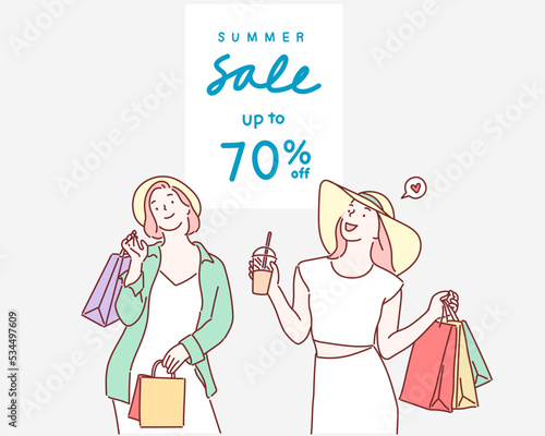 
Happy young women in summer clothes holding shopping bags. Hand drawn style vector design illustrations.