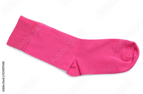 New pink sock isolated on white, top view. Footwear accessory