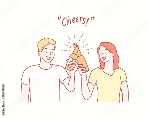 Young happy couple toasting with beer. Hand drawn style vector design illustrations.