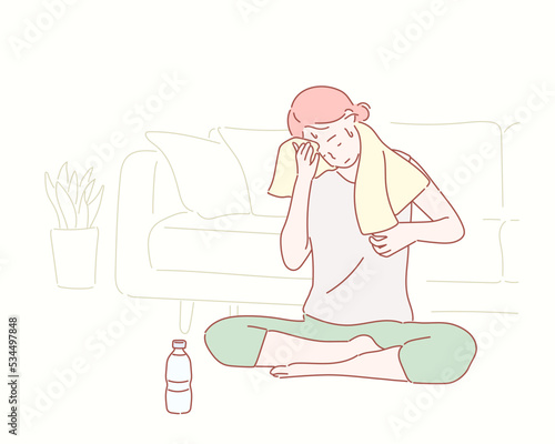 Young beautiful woman suffers from heat stroke, sunstroke, high temperature, sweating, feels dizzy and puts wet towel to her head. Hand drawn style vector design illustrations.