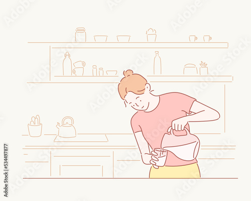 Smiling woman looking down pours water into a glass from decanter. Hand drawn style vector design illustrations.