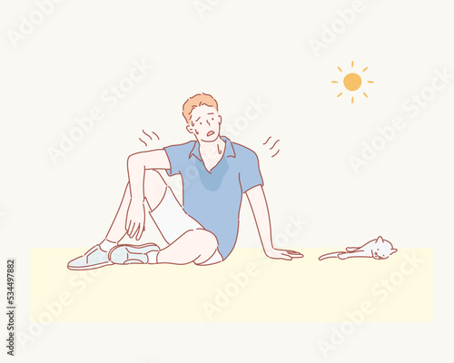 Man got sunburn in very hot summer days. Hand drawn style vector design illustrations.