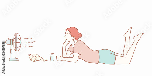 Isolated sweating girl cooling herself with fan vector illustration and decorative element for summer and hot weather. Hand drawn style vector design illustrations.