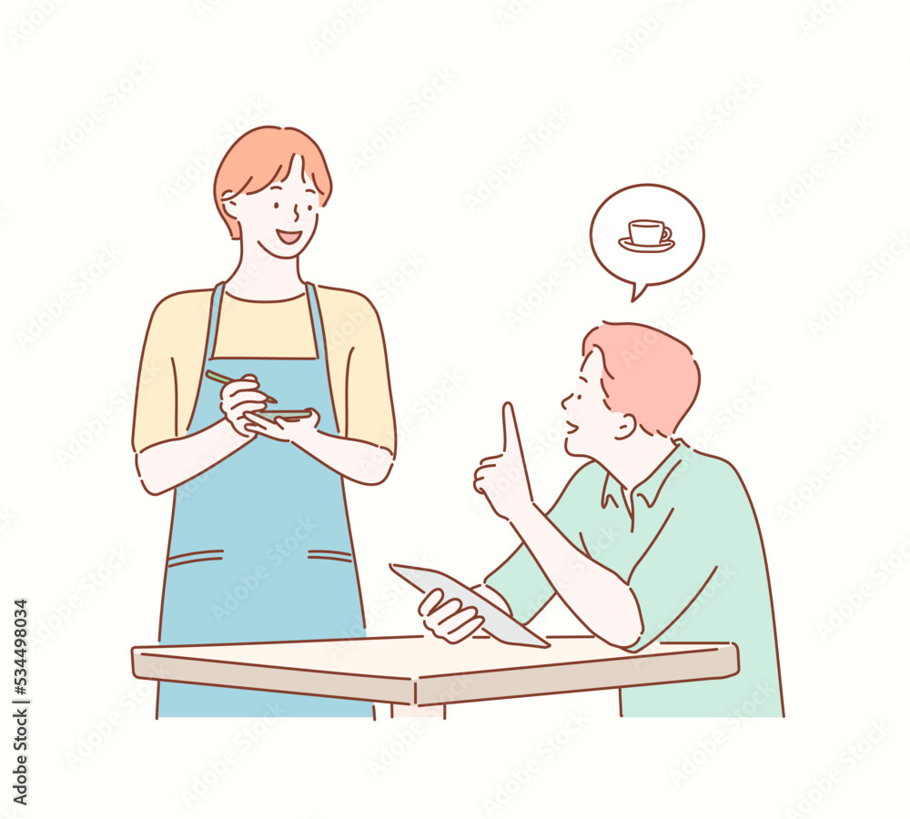 Waitress taking an order. Hand drawn style vector design illustrations. Waitress taking an order. Hand drawn style vector design illustrations.