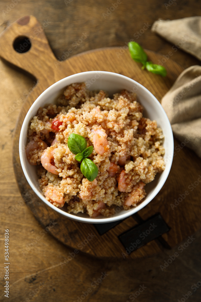 Healthy quinoa bowl with shrimps and basil Healthy quinoa bowl with shrimps and basil