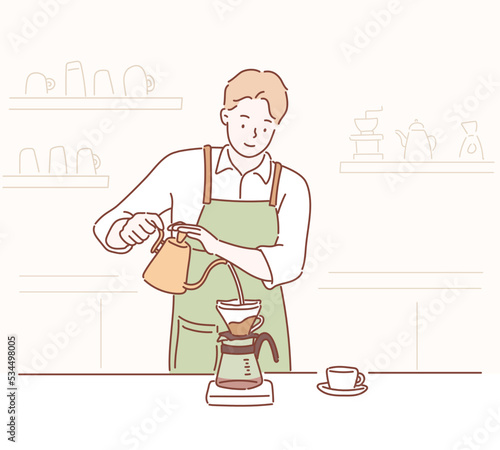 Male barista making coffee, manual brew drip coffee and accessories. Hand drawn style vector design illustrations.