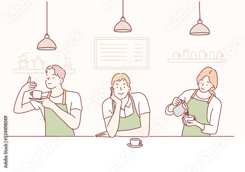 Vector set of different poses of  barista character with cups of coffee. Hand drawn style vector design illustrations.