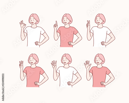 Five female hands raise up, in fist, one finger, two, three, four, and all five fingers pointing up. Hand drawn style vector design illustrations.