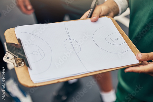 Basketball coach, planning strategy and team sports court floor plan for teamwork, players and fitness tactical in game, training and competition. Athlete paper formation, pitch design and goal ideas