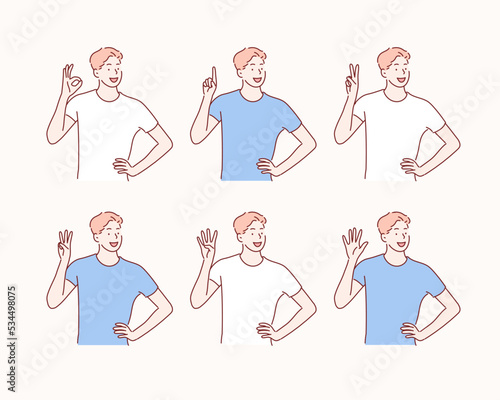 Five male hands raise up, in fist, one finger, two, three, four, and all five fingers pointing up. Hand drawn style vector design illustrations.