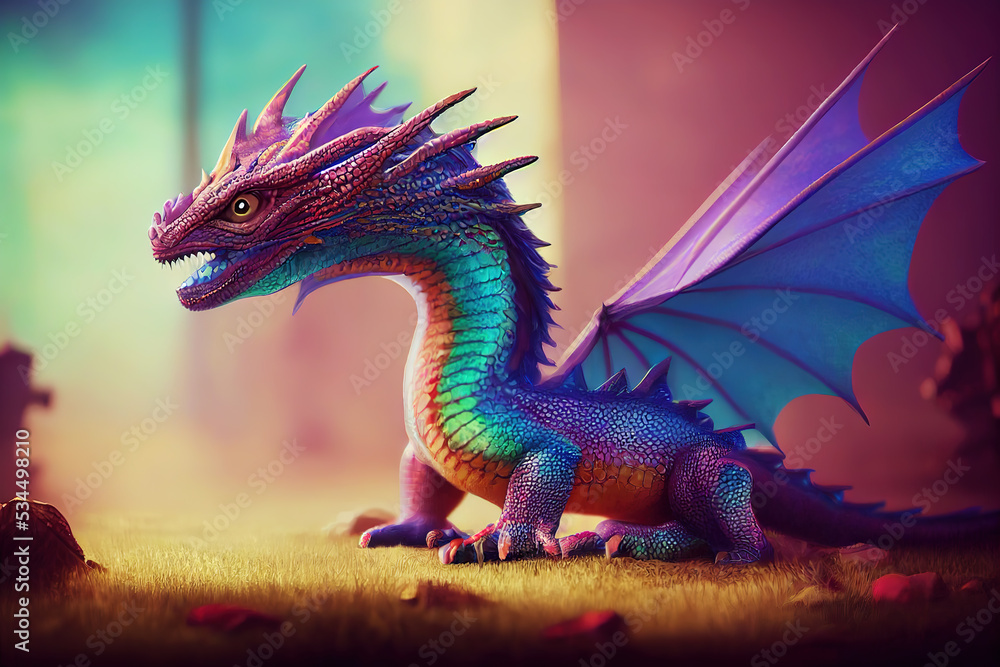 Obraz premium 3 d render. Cute little dragons, different rainbow colors. Fantastic animals, in a cartoon style.