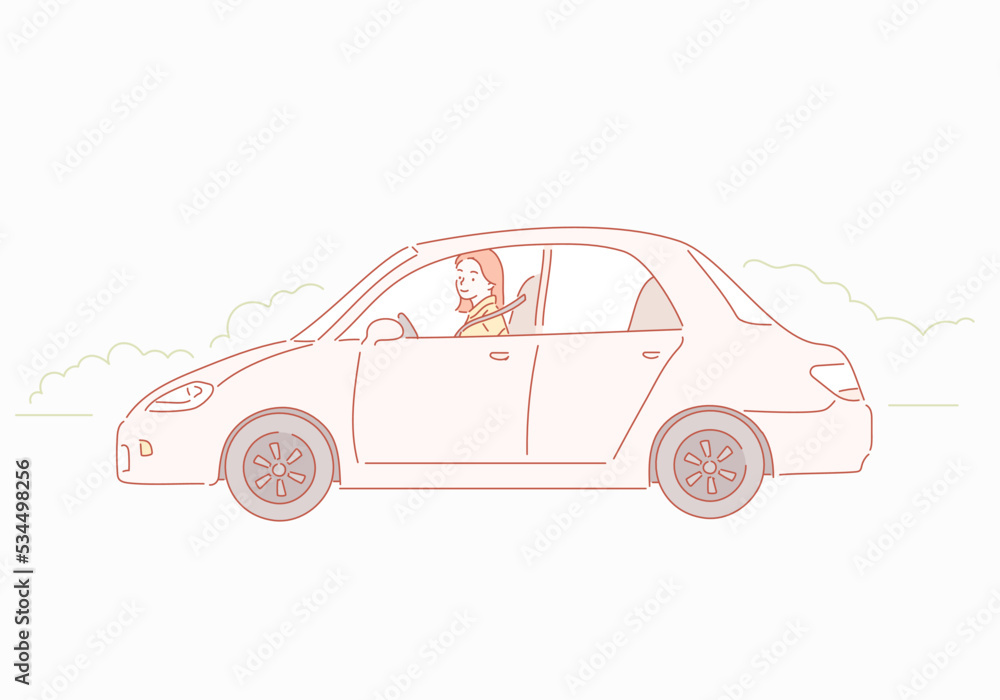 Car with driver woman. Hand drawn style vector design illustrations.