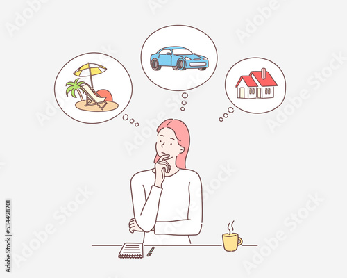 Woman dreaming about home, investment, travel and car after earning dollars. Hand drawn style vector design illustrations.