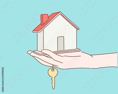 Female hand holding house key. Hand drawn style vector design illustrations.